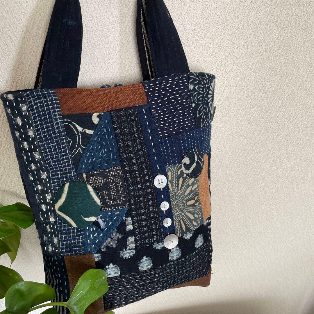 藍染　刺し子　パッチワークバッグ
