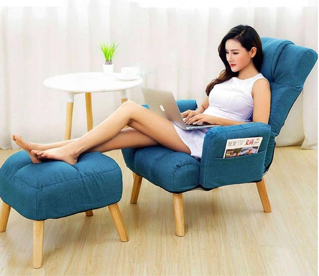 リクライニン口　ソファー　オッドマン付き　ネイビー