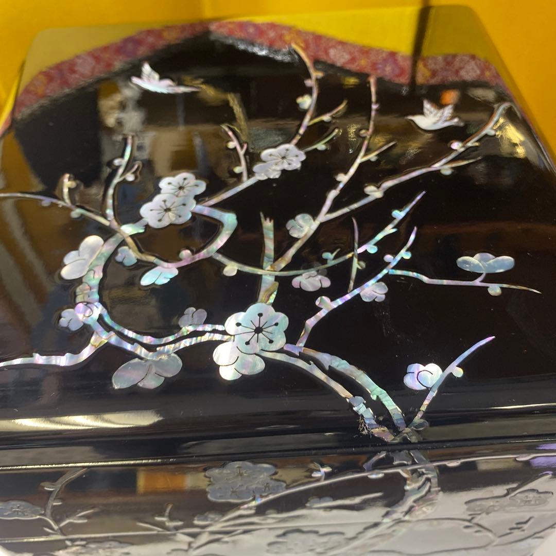 螺鈿細工，漆器 重箱 桜の象嵌
