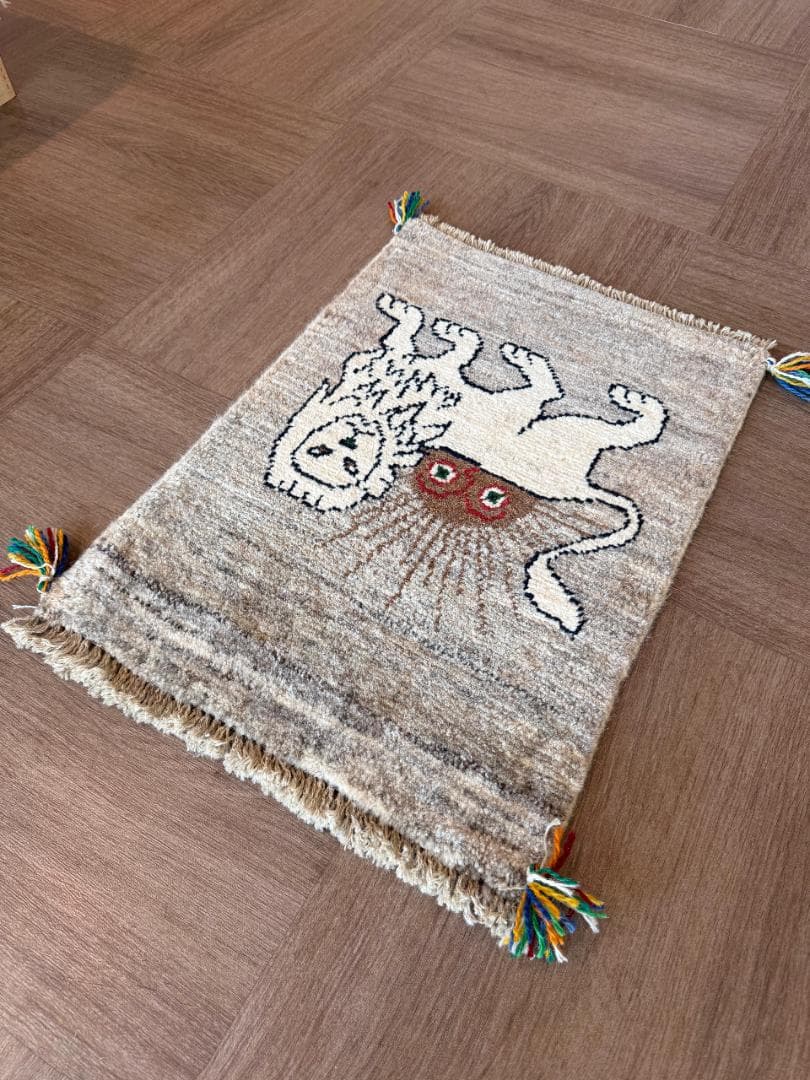 手織りペルシャギャッベ 玄関マット 44x60cm ナチュラル/ライオンと太陽