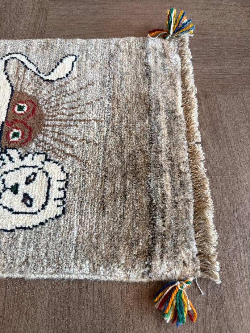 手織りペルシャギャッベ 玄関マット 44x60cm ナチュラル/ライオンと太陽