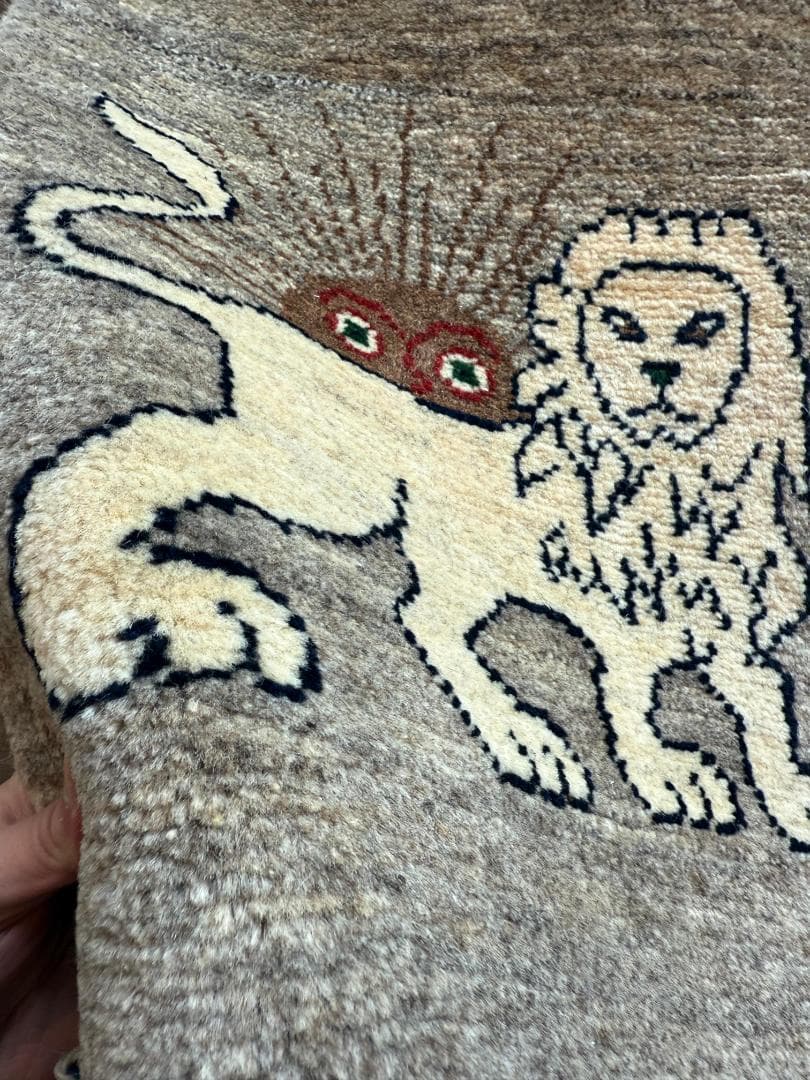 手織りペルシャギャッベ 玄関マット 44x60cm ナチュラル/ライオンと太陽