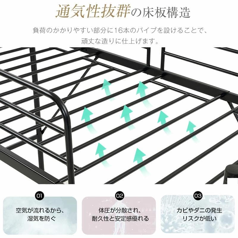 大人気！ロフトベッド パイプベッド サイド棚付き 子供部屋スチール BLACK