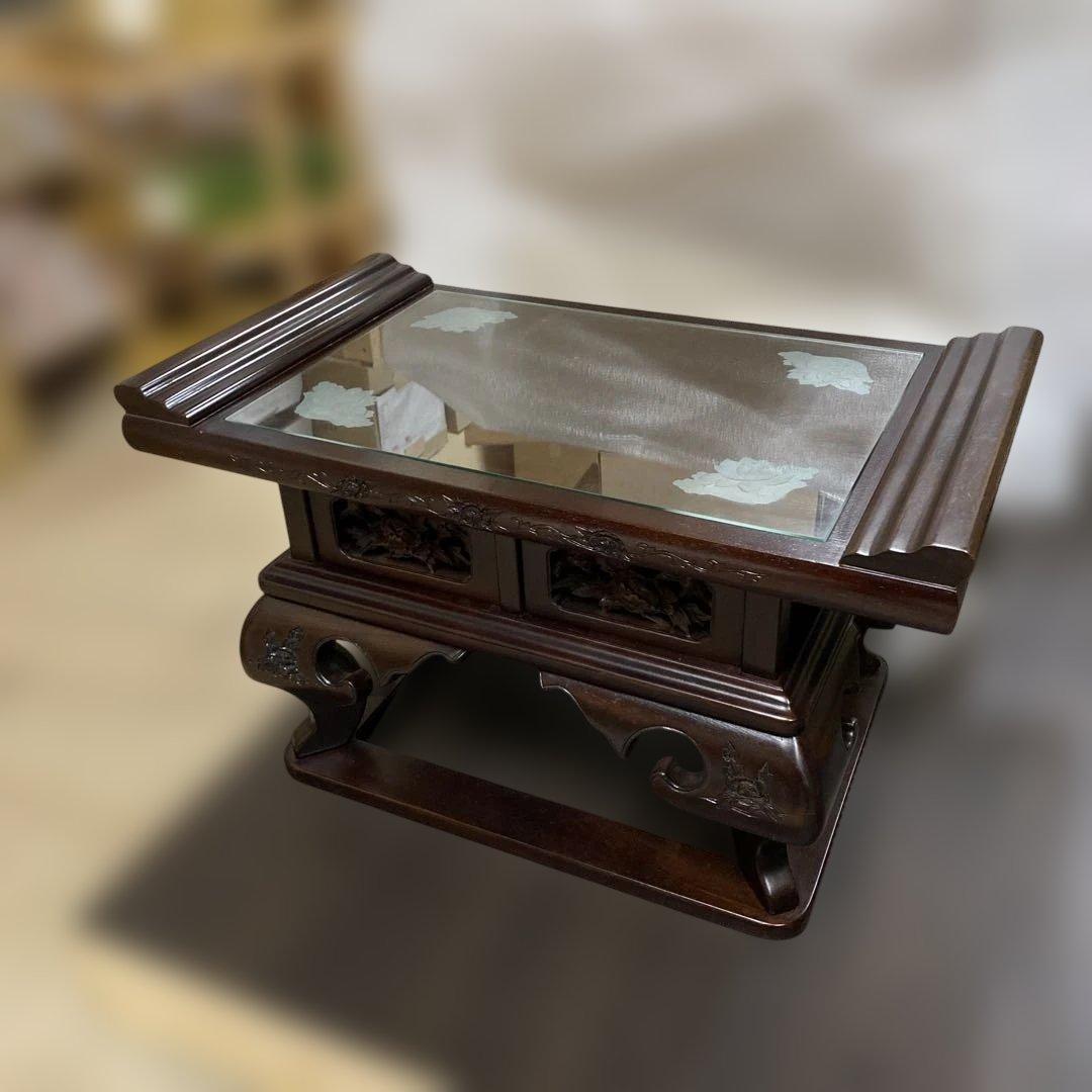 レア品 アジアンテイスト 家具 経机 ガラス ハスの花　彫刻 引出付 TB21