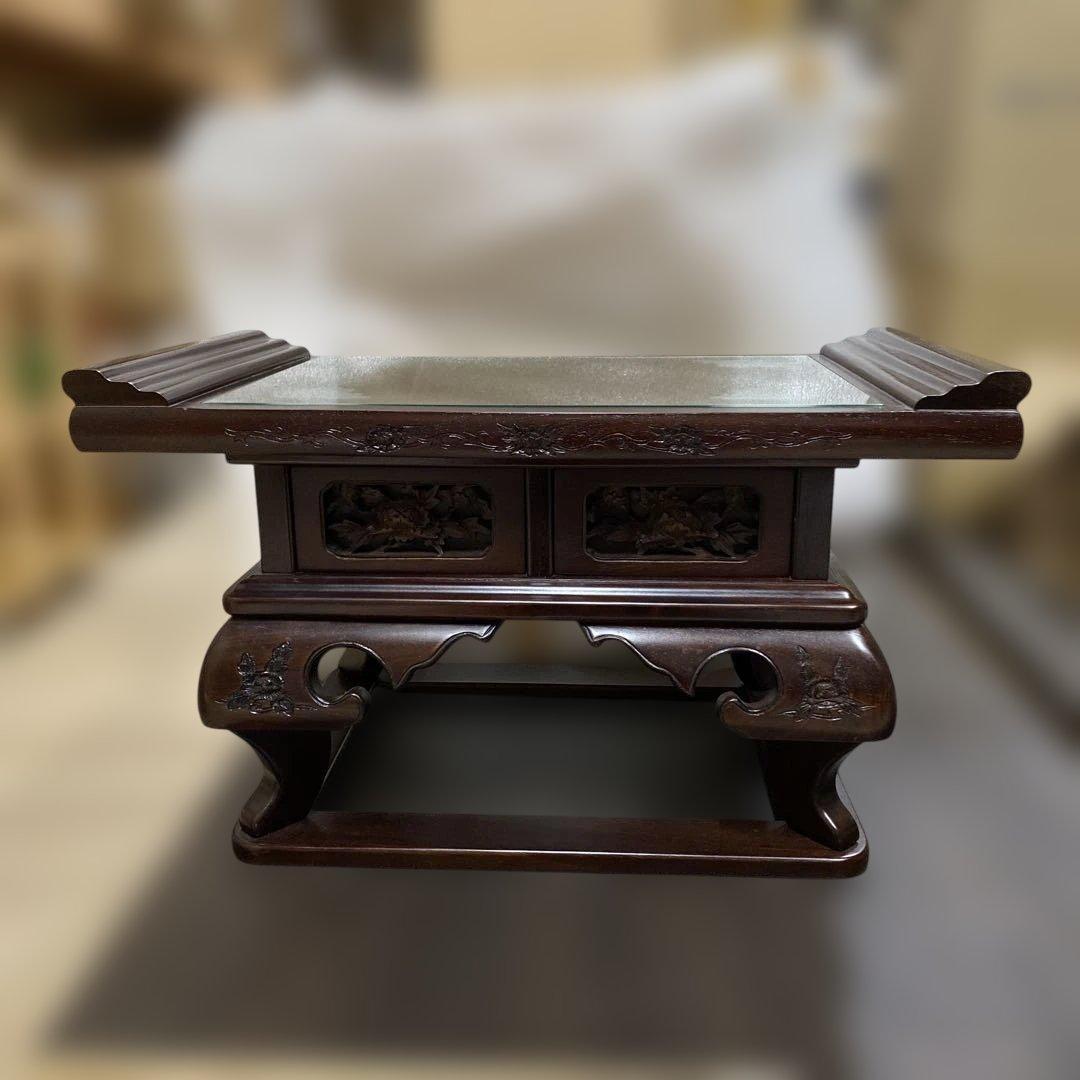 レア品 アジアンテイスト 家具 経机 ガラス ハスの花　彫刻 引出付 TB21