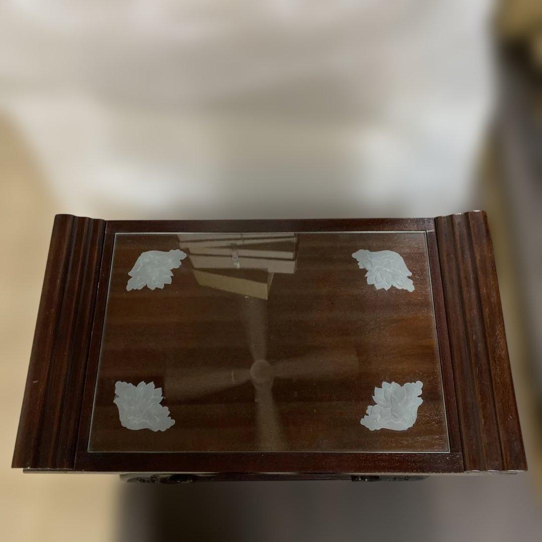 レア品 アジアンテイスト 家具 経机 ガラス ハスの花　彫刻 引出付 TB21