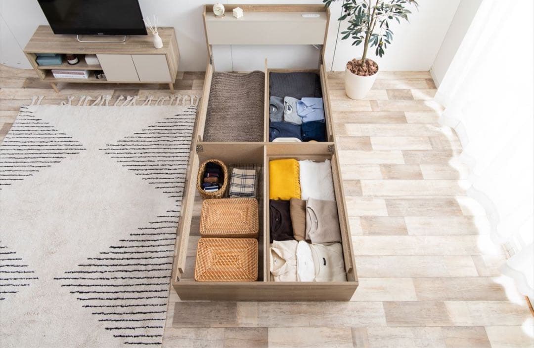 【新品未使用】宮棚&コンセント付き引き出し収納ベッド フレーム&マットレス付き