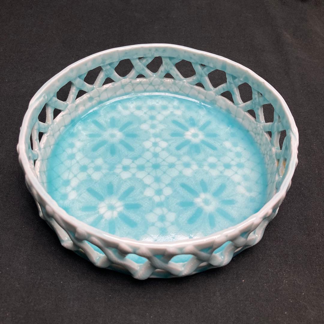 有田焼 真光窯 青磁籠目格子 菓子鉢 台付 2客セット