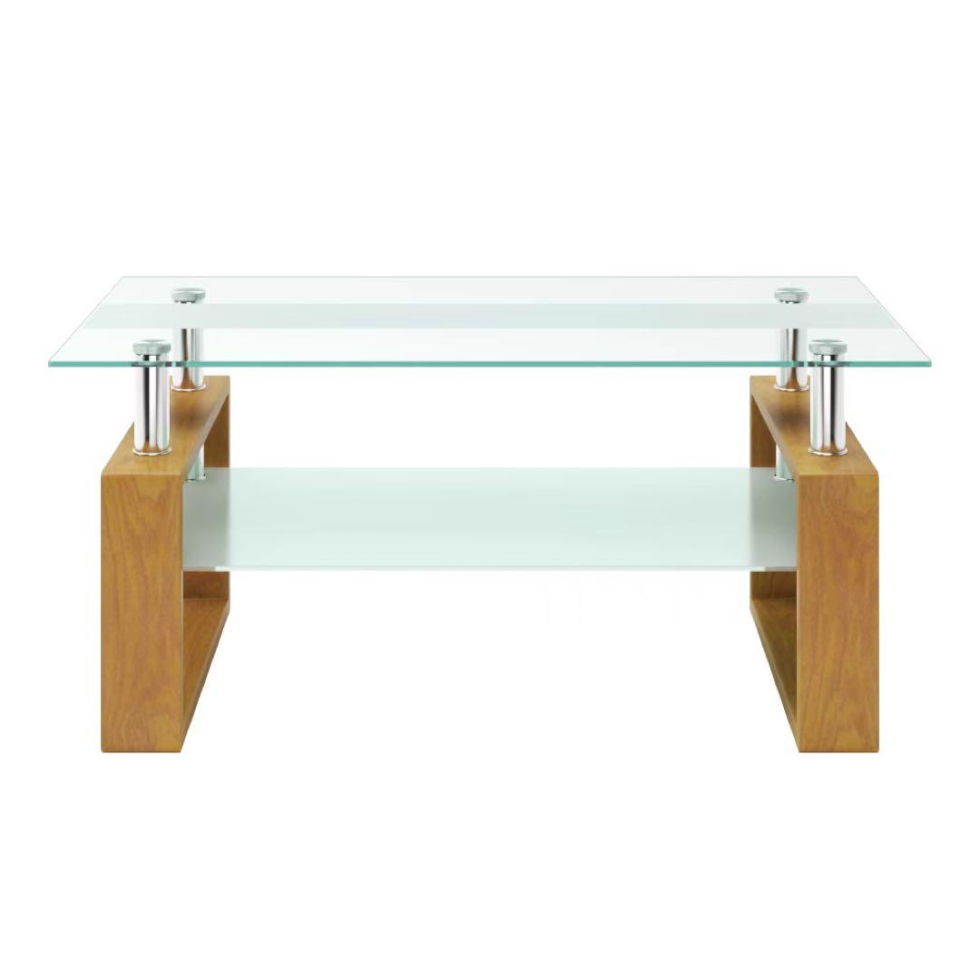 【新品】幅87.5cm強化ガラステーブル 口字型脚 収納棚付き