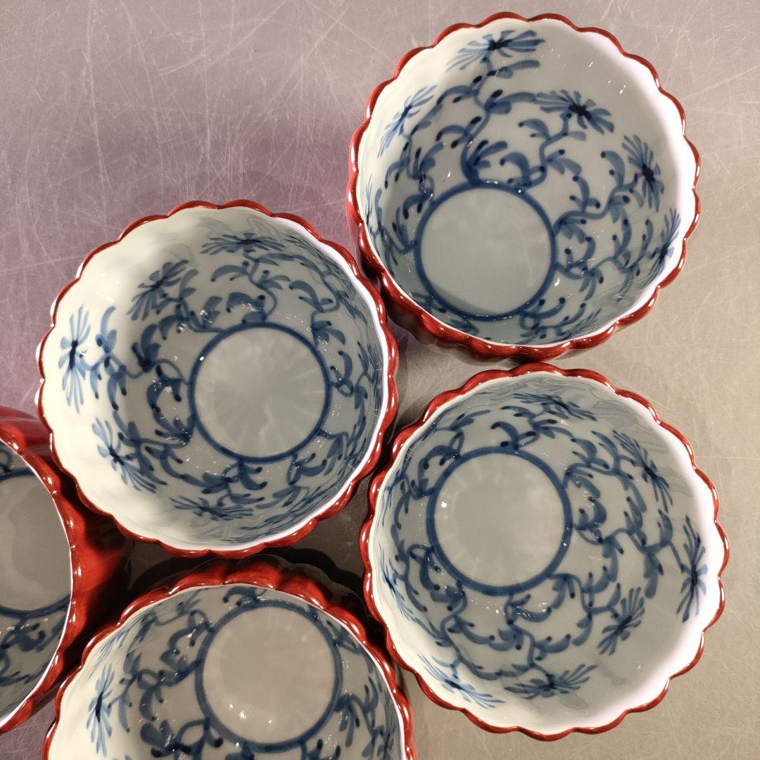 A1021-6/有田焼/源右衛門窯/朱泥菊形小鉢5客/向付/銘々皿/