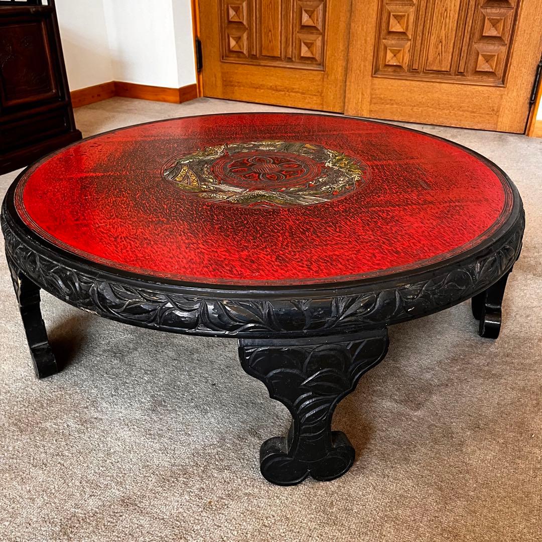 中国骨董 唐家具 飾彫り 円卓 座卓 ちゃぶ台 センターテーブル 古家具