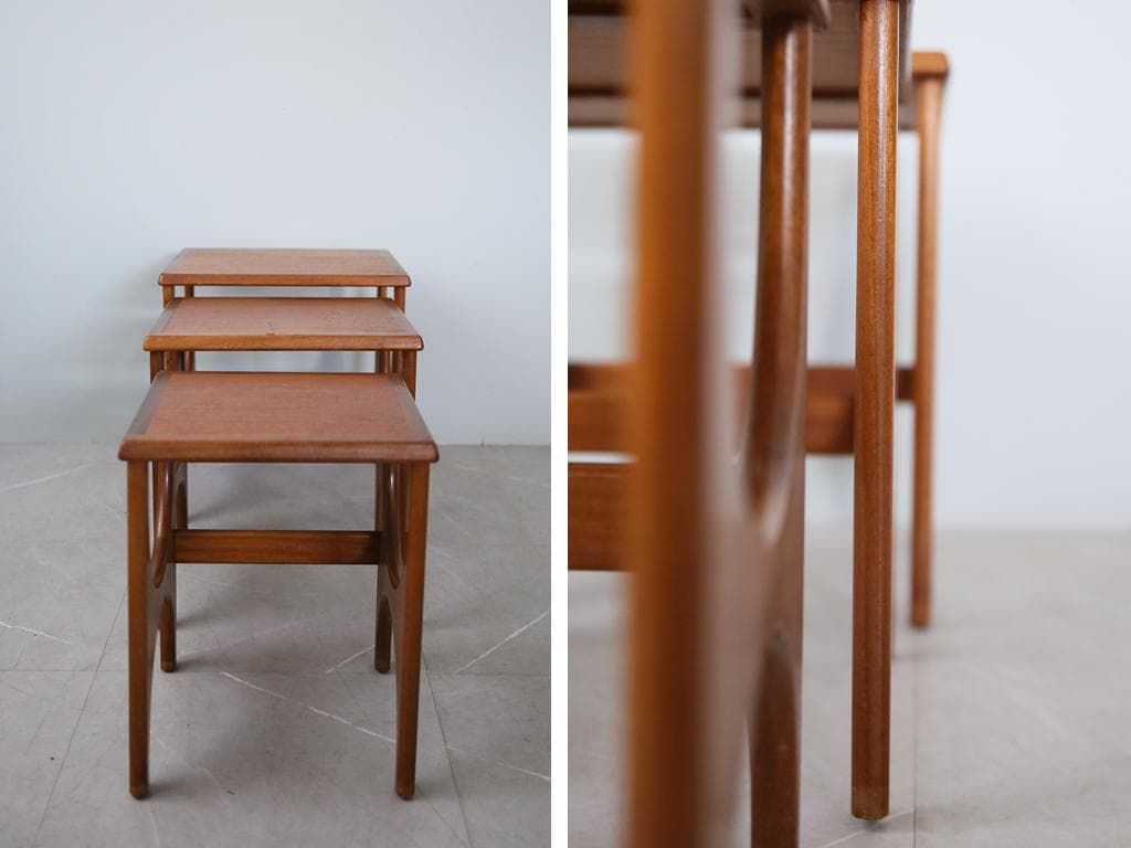 英国アンティーク木製ネストテーブル3台/収納式机/飾り棚/花台(92-252