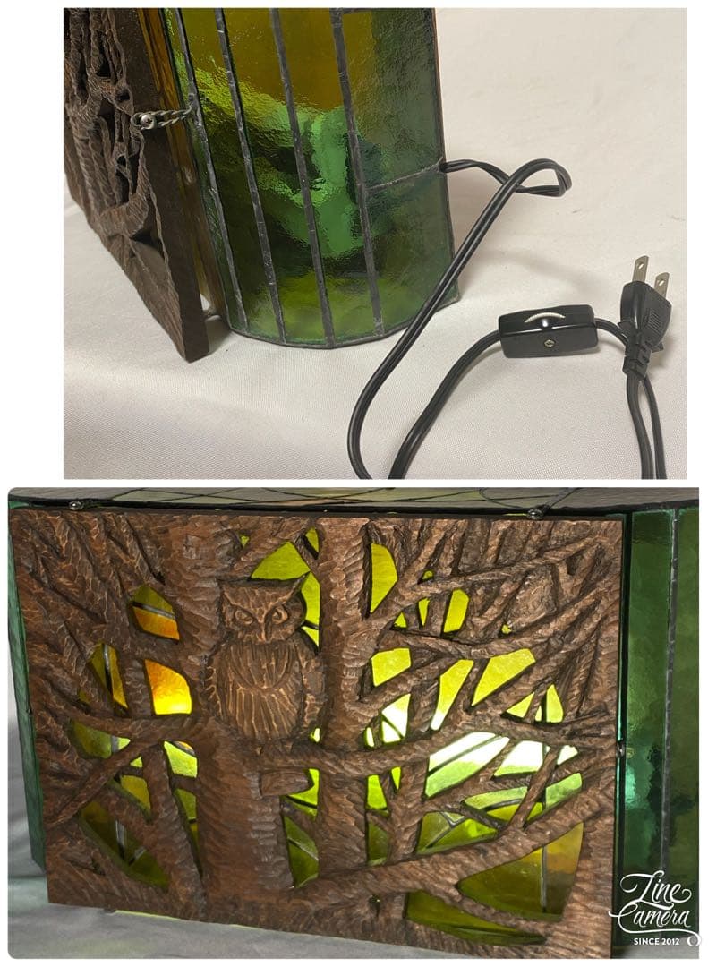 1065❣️フクロウ　木製レリーフ　ステンドグラス　ライト