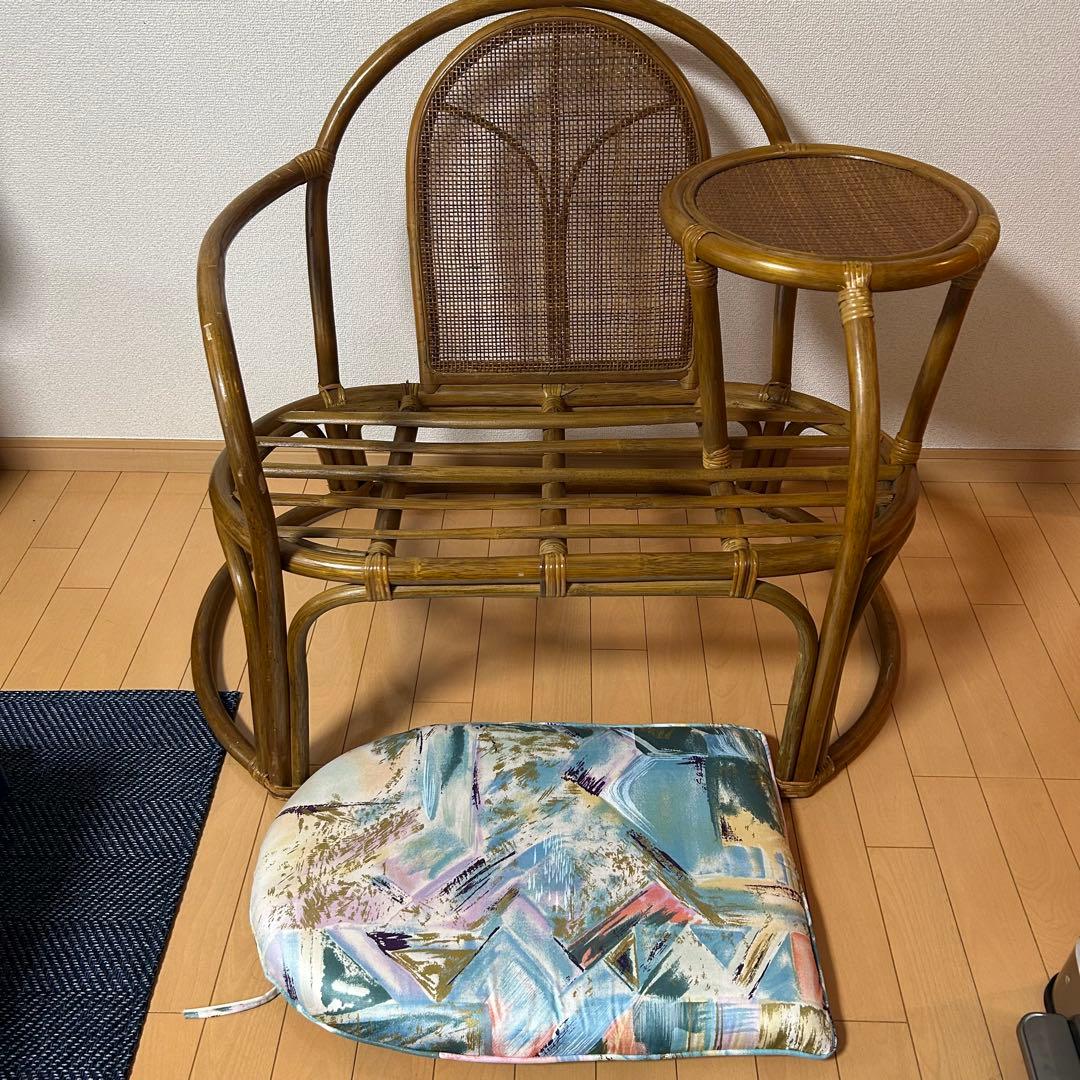 レア レトロ家具 籐家具 椅子 チェア サイドテーブル付 ラタンチェア
