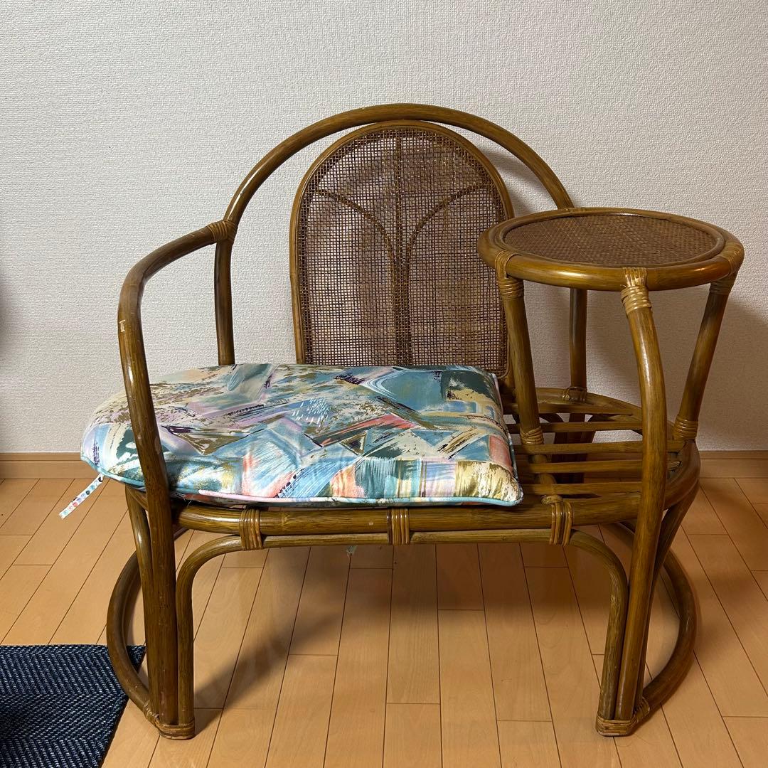 レア レトロ家具 籐家具 椅子 チェア サイドテーブル付 ラタンチェア