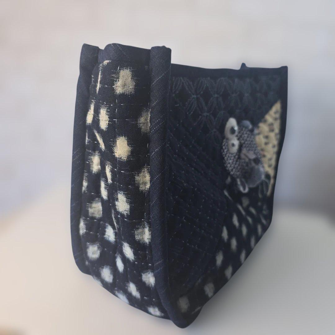 金魚刺繍のネイビーキルティング刺子ハンドメイドバッグ