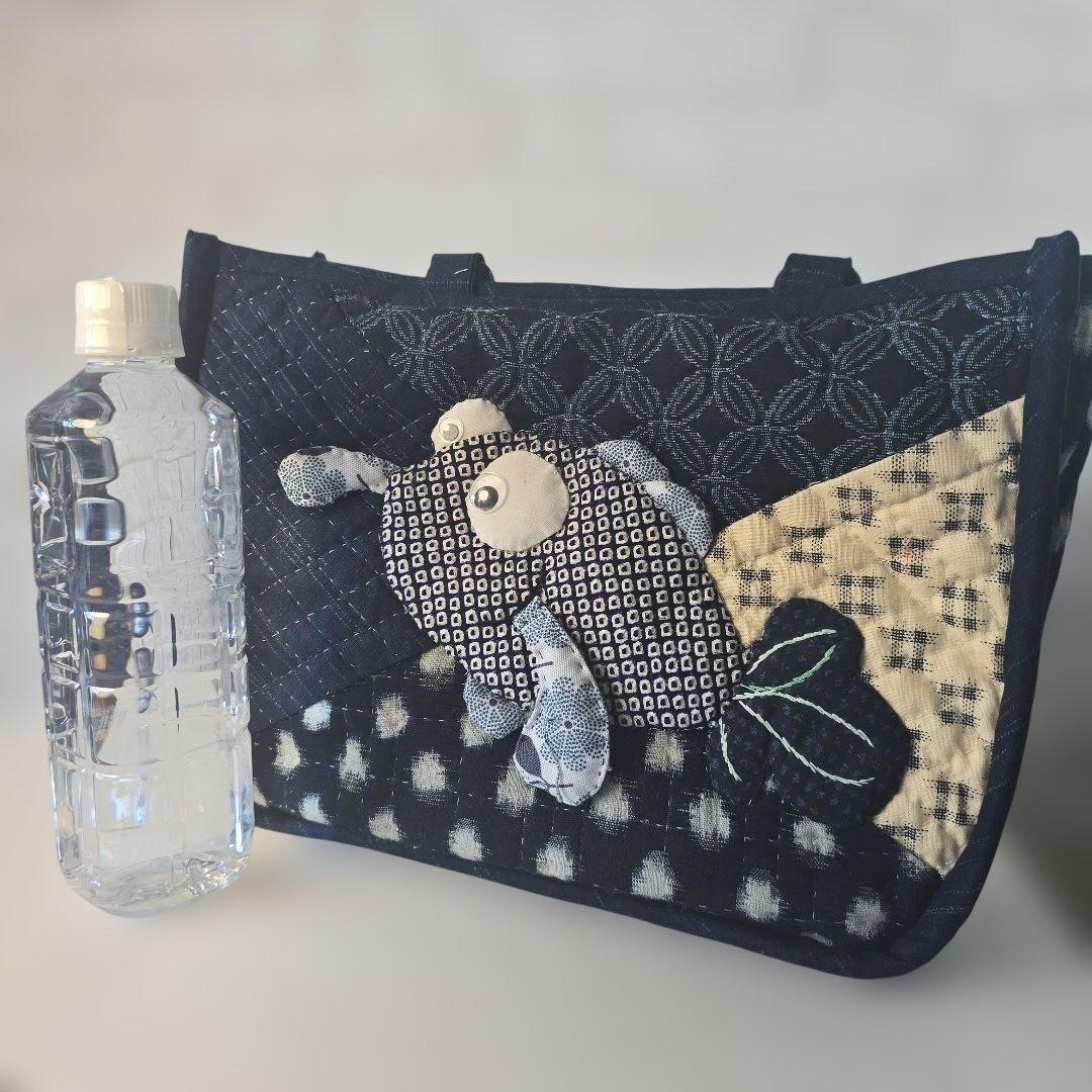 金魚刺繍のネイビーキルティング刺子ハンドメイドバッグ