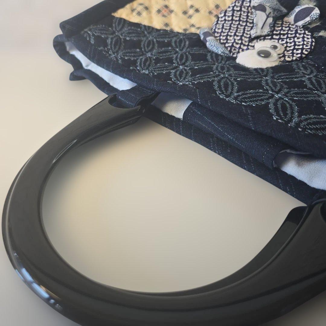 金魚刺繍のネイビーキルティング刺子ハンドメイドバッグ