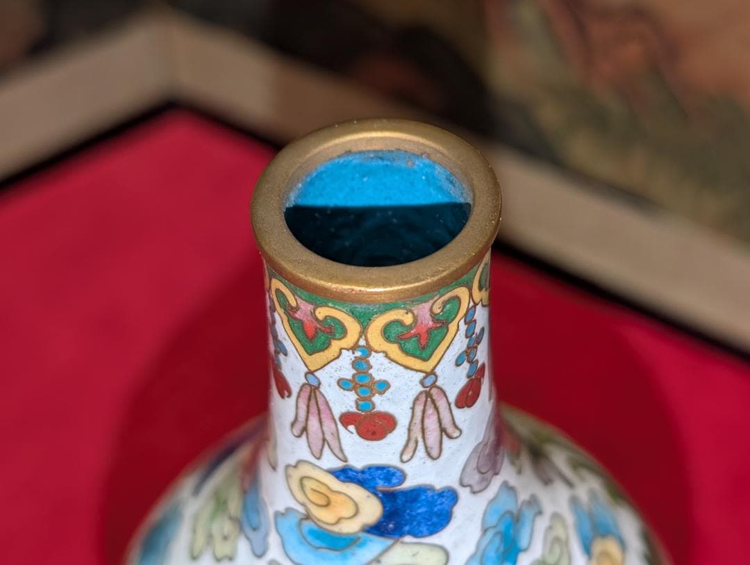 古美術　飾り壺　花瓶　一輪挿し　七宝　瓢箪　雲龍絵　レア　台付