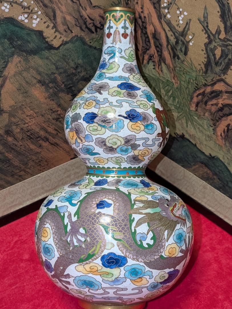 古美術　飾り壺　花瓶　一輪挿し　七宝　瓢箪　雲龍絵　レア　台付