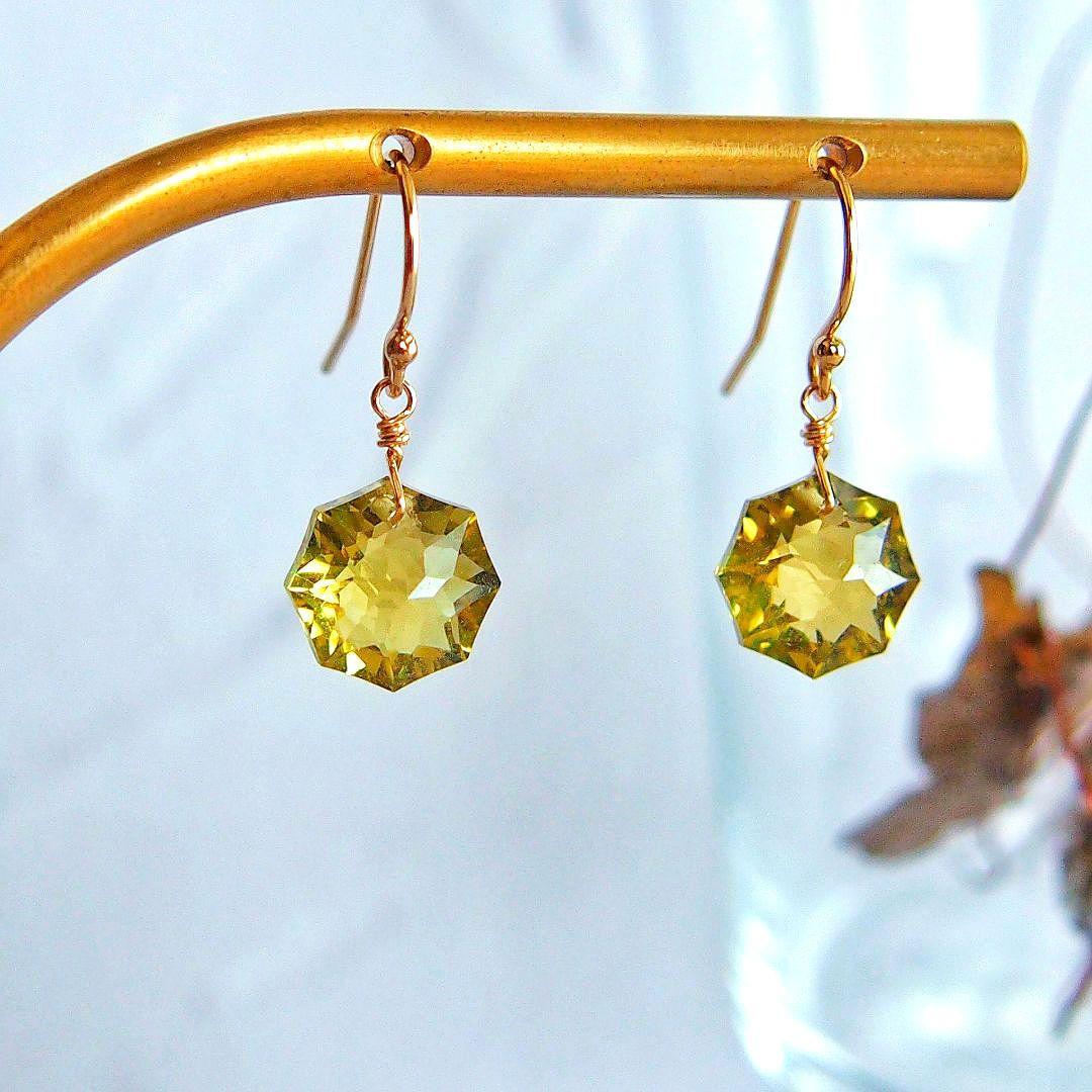 専用　宝石質✨オリーブクォーツ　コンケーブ　ソレイユ　ピアス　14kgf　A