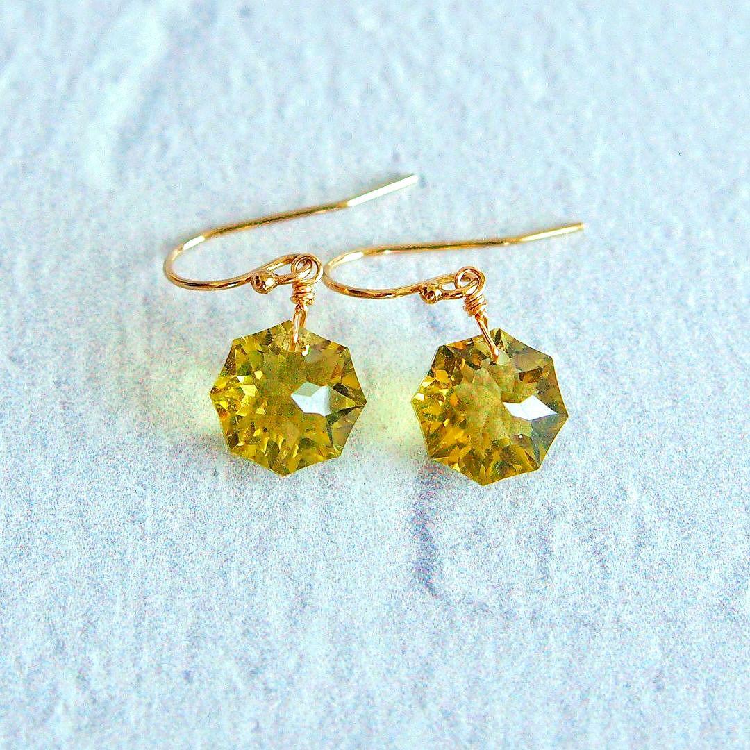 専用　宝石質✨オリーブクォーツ　コンケーブ　ソレイユ　ピアス　14kgf　A