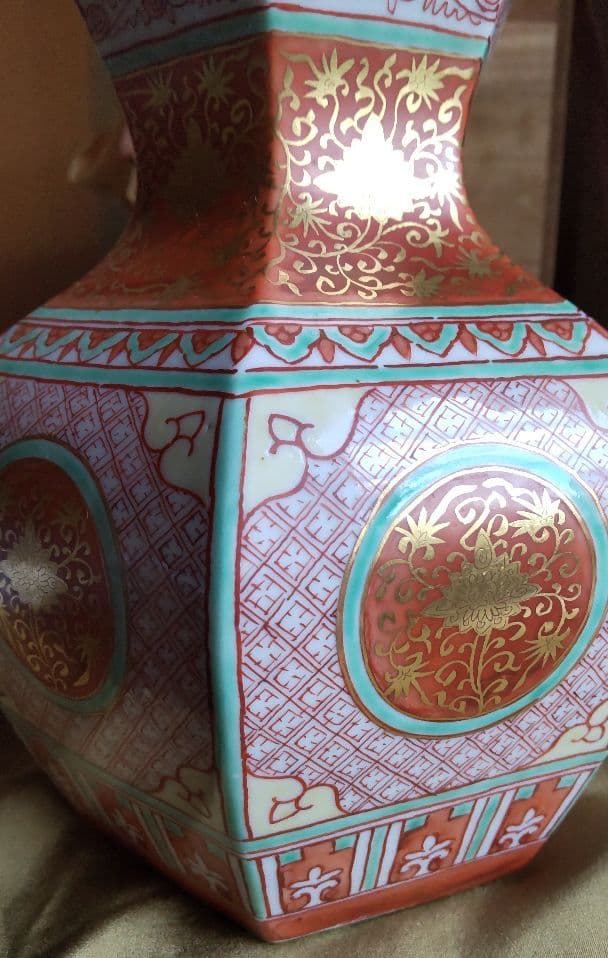 初代矢口永寿　金襴手宝相華紋六角大徳利【花瓶】【豪華】【正月】【希少】