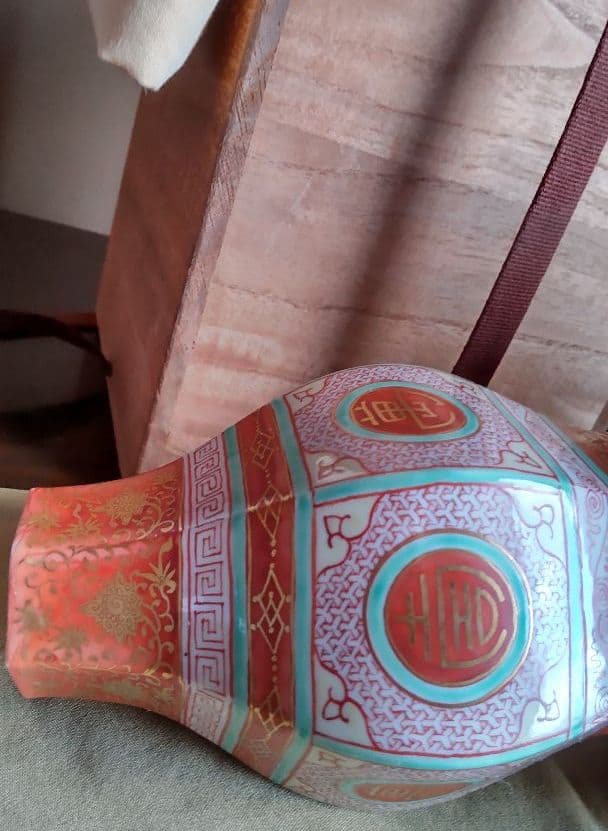 初代矢口永寿　金襴手宝相華紋六角大徳利【花瓶】【豪華】【正月】【希少】