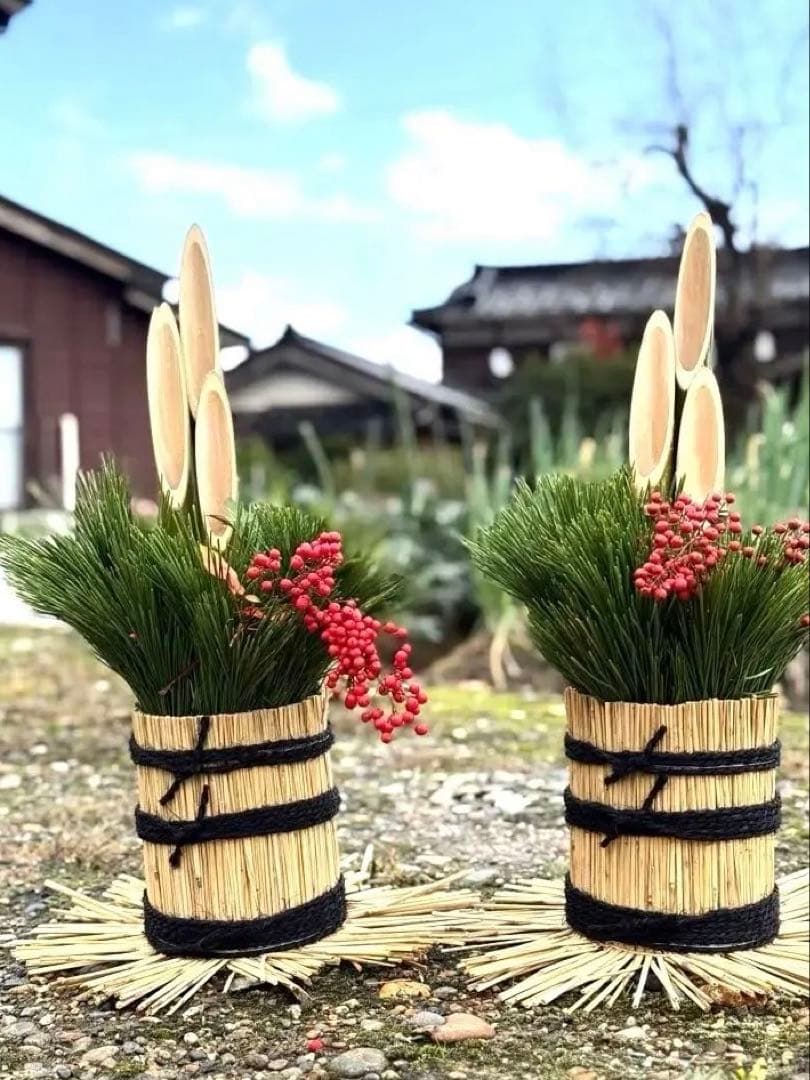 迎春飾り 伝統的な門松 1対 高さ約54㎝ 自然素材 正月飾り 南天 松 竹