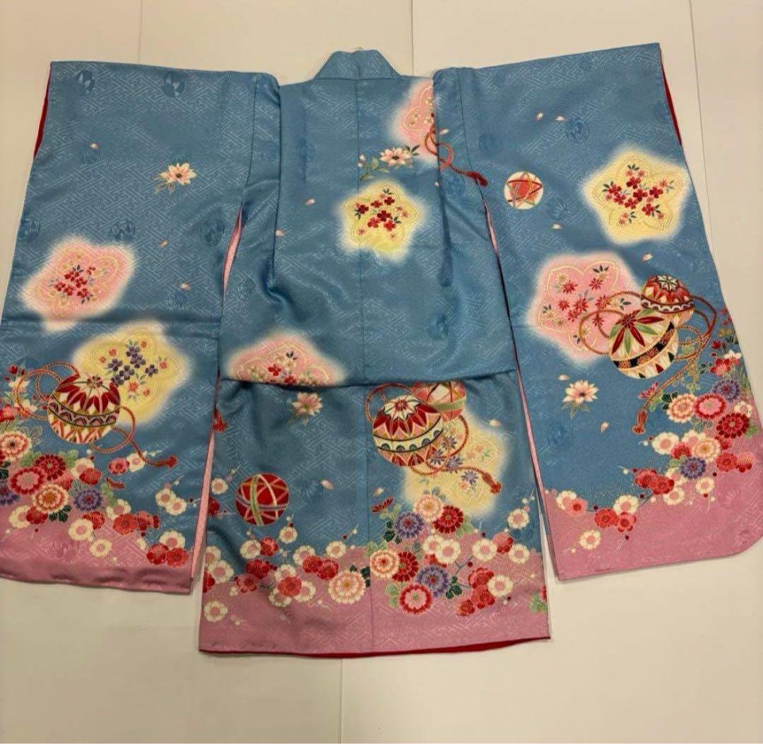 七五三　3歳女の子　新品　着物２点セット　人気の水色　ピンク　手鞠　桜　日本製