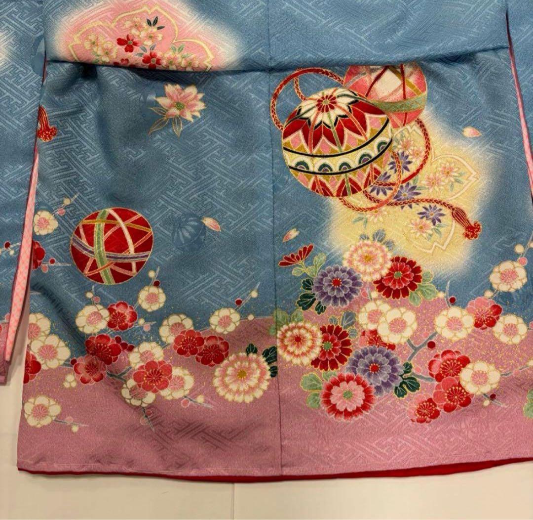 七五三　3歳女の子　新品　着物２点セット　人気の水色　ピンク　手鞠　桜　日本製