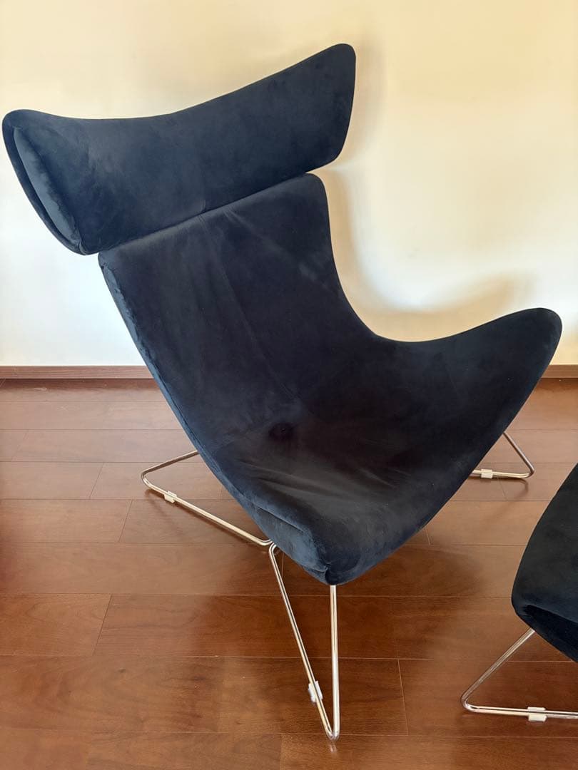 1人掛けソファー　オットマン付　ベルベット　ブラック　北欧