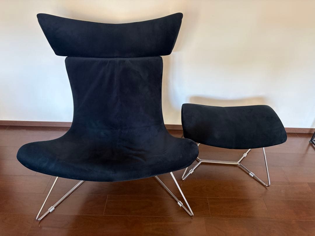 1人掛けソファー　オットマン付　ベルベット　ブラック　北欧