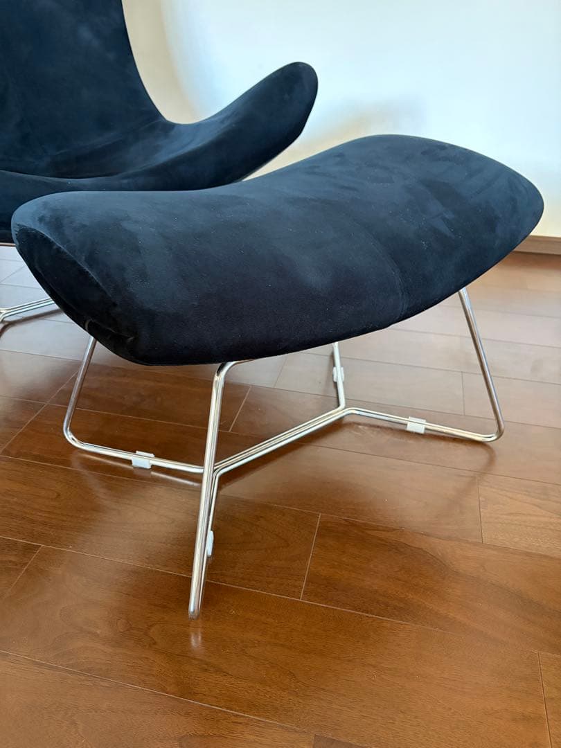 1人掛けソファー　オットマン付　ベルベット　ブラック　北欧