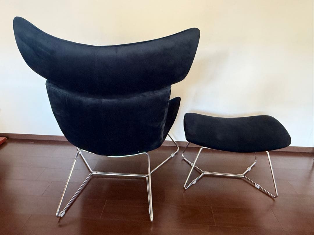 1人掛けソファー　オットマン付　ベルベット　ブラック　北欧