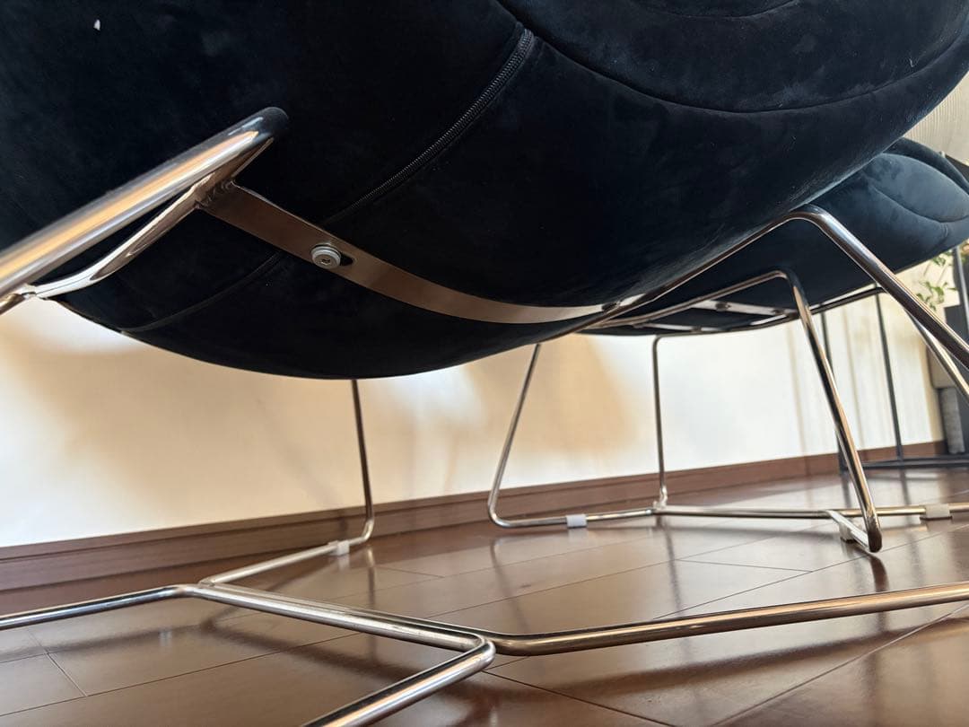 1人掛けソファー　オットマン付　ベルベット　ブラック　北欧