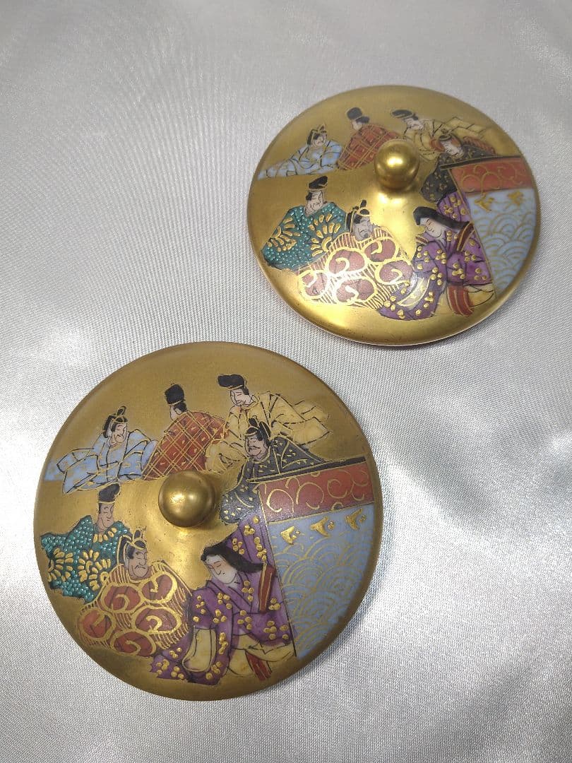九谷焼 住田岳陽 本金色絵 三十六歌仙絵 夫婦湯呑 蓋付き 小田