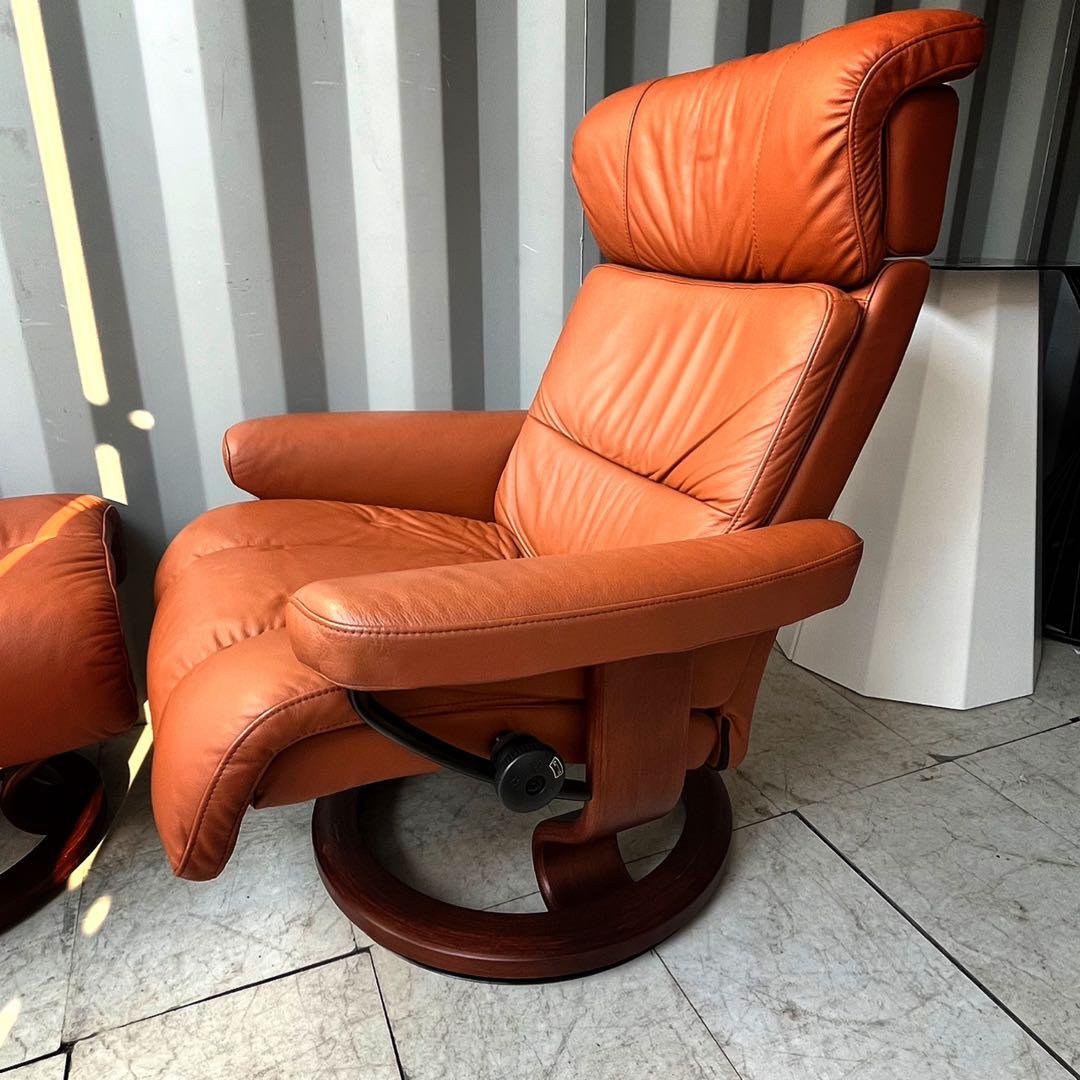 取付無料！エコーネス ストレスレス 本革オレンジリクライニングチェア・オットマン