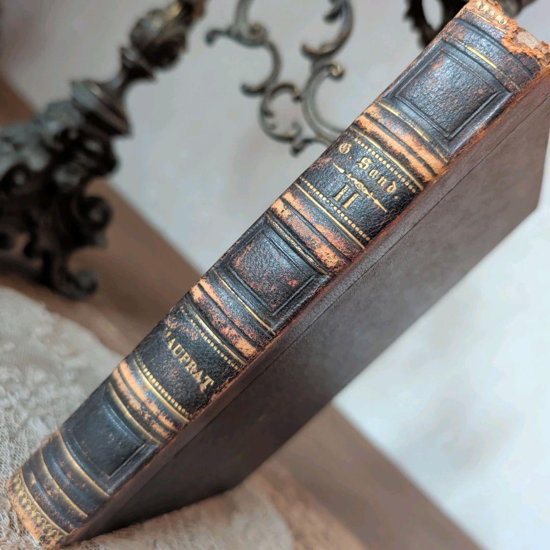 B990 希少！高級感ある革装丁 フランスアンティーク 洋書 古びた風合い