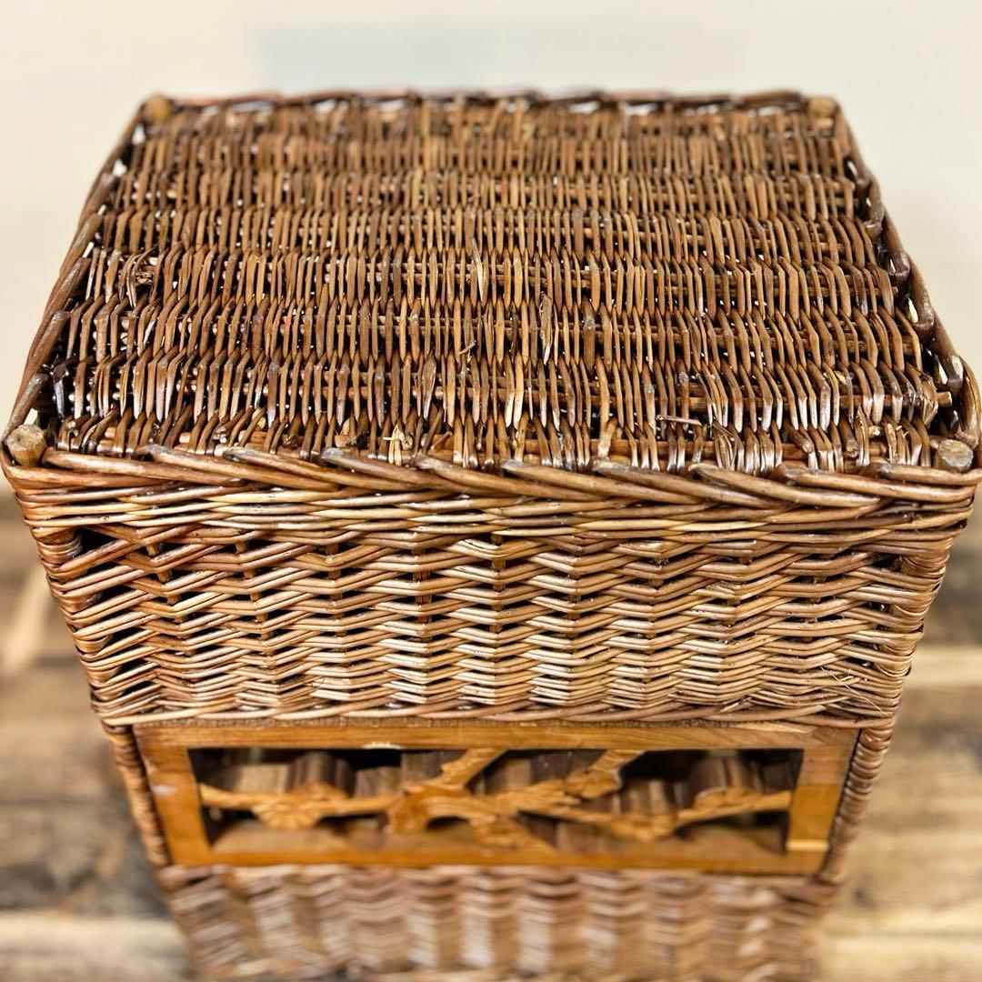 1960年代 柳編み 収納かご バスケット 木彫装飾 鳥 手編み ウィロー 藤