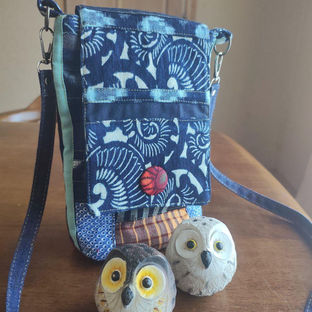 ハンドメイドミニショルダーバッグ絣＋藍染＋型染めはぎれコラボ古布