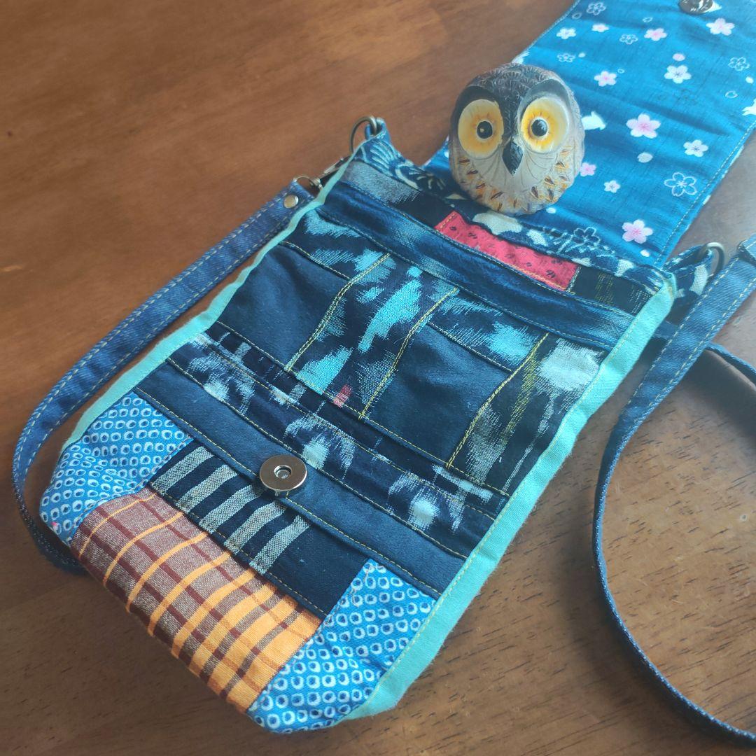 ハンドメイドミニショルダーバッグ絣＋藍染＋型染めはぎれコラボ古布