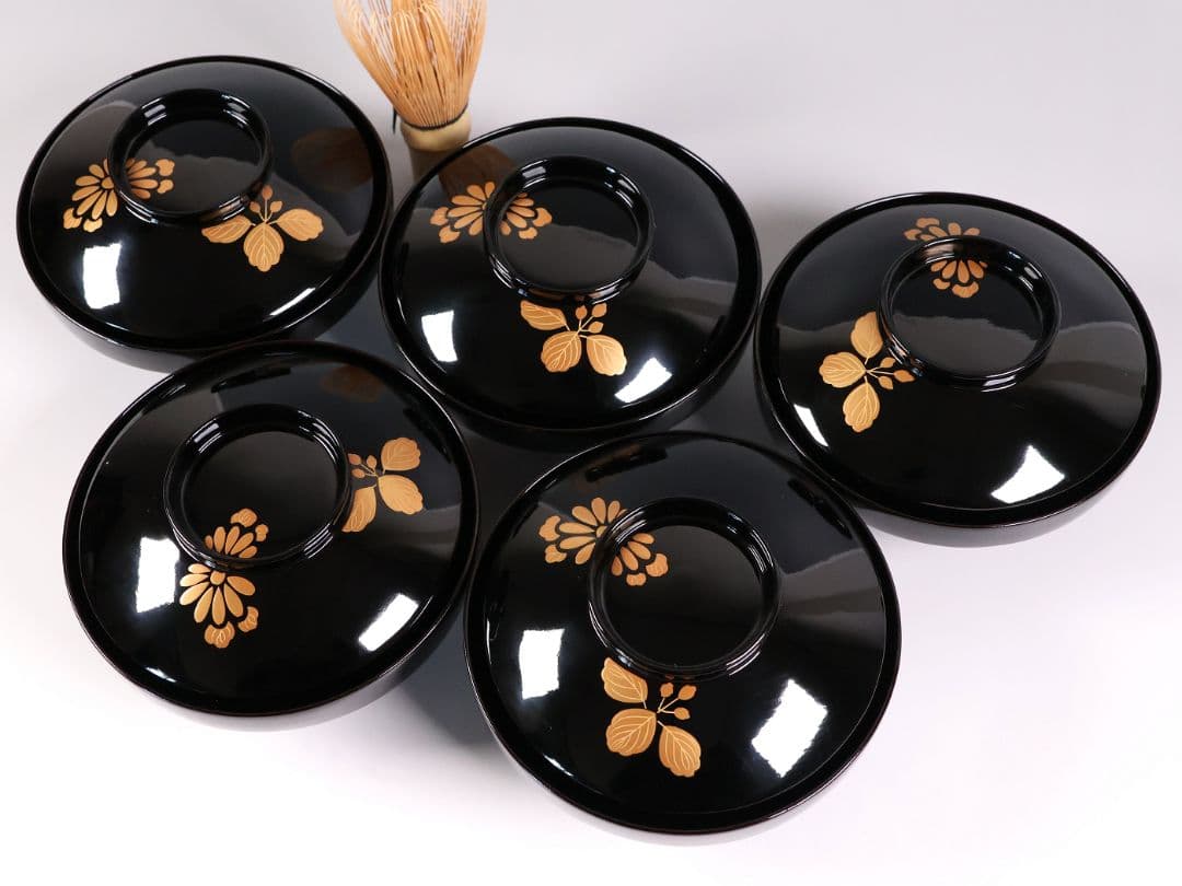 【CM402】天然木漆塗 菊桐鳳凰金蒔絵 黒塗 吸物椀 五客 昭和期 木製漆器