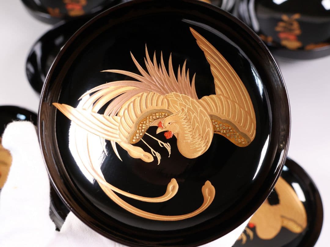 【CM402】天然木漆塗 菊桐鳳凰金蒔絵 黒塗 吸物椀 五客 昭和期 木製漆器