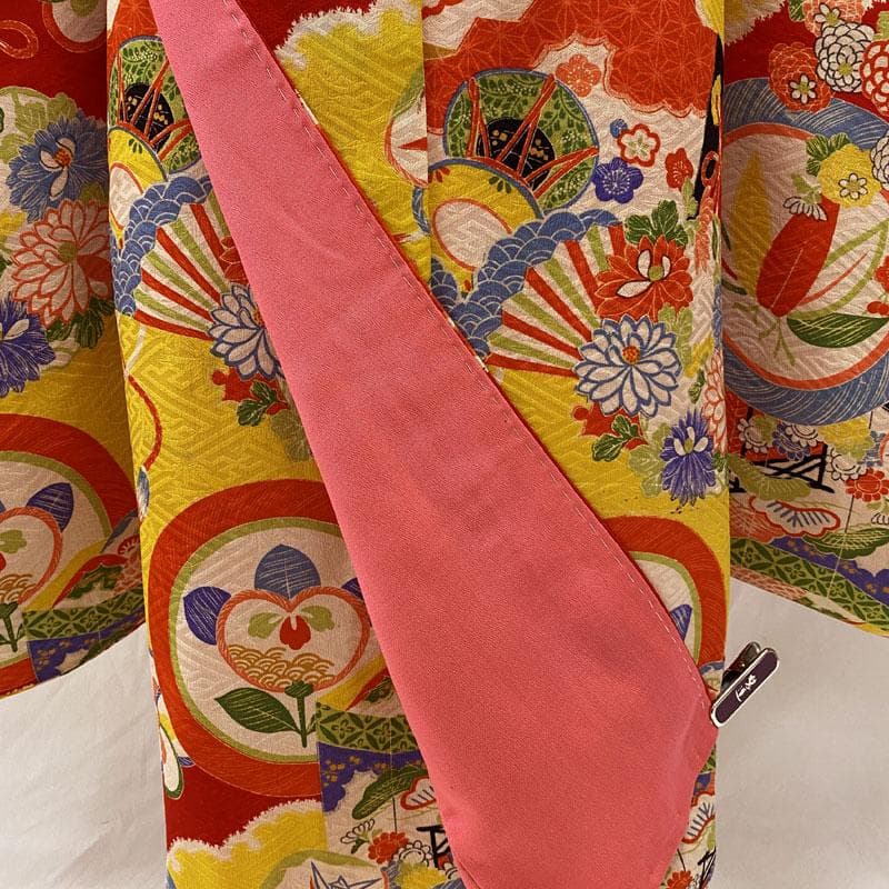 512ag38◎七五三 七歳 女児 アンティーク着物&袋帯&長襦袢 総柄 赤◎