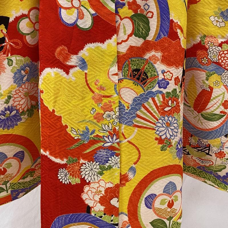 512ag38◎七五三 七歳 女児 アンティーク着物&袋帯&長襦袢 総柄 赤◎