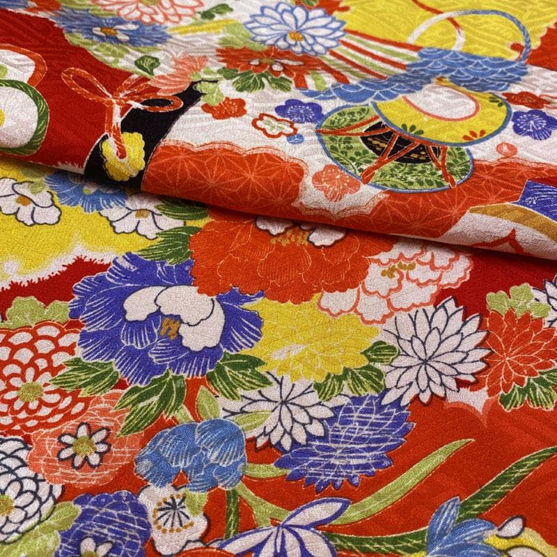 512ag38◎七五三 七歳 女児 アンティーク着物&袋帯&長襦袢 総柄 赤◎