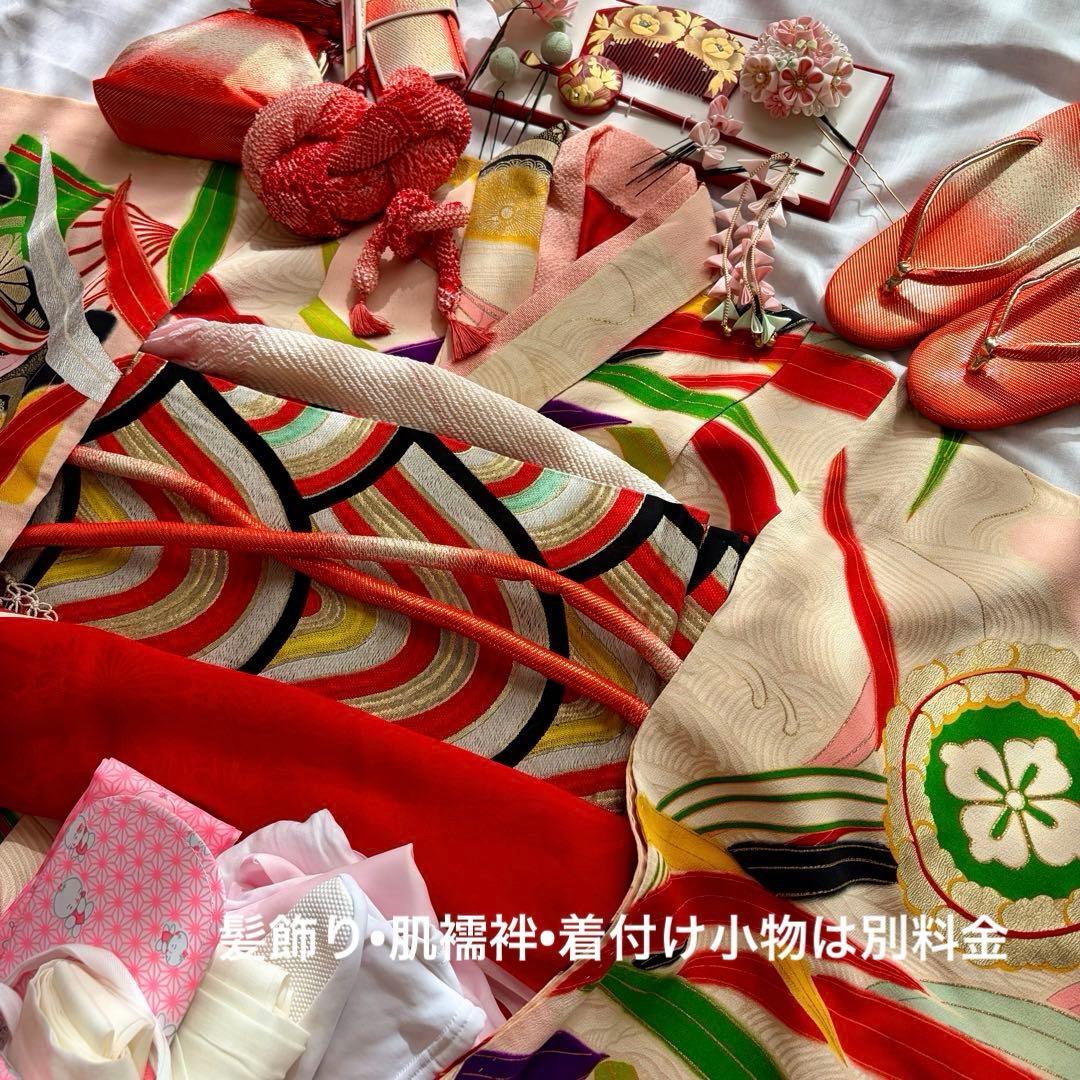 七五三　着物　正絹　アンティーク　レトロ　ピンク７歳　日本髪　結び帯　フルセット