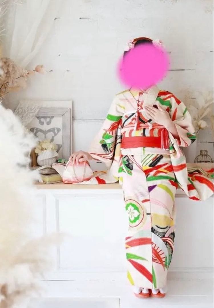 七五三　着物　正絹　アンティーク　レトロ　ピンク７歳　日本髪　結び帯　フルセット