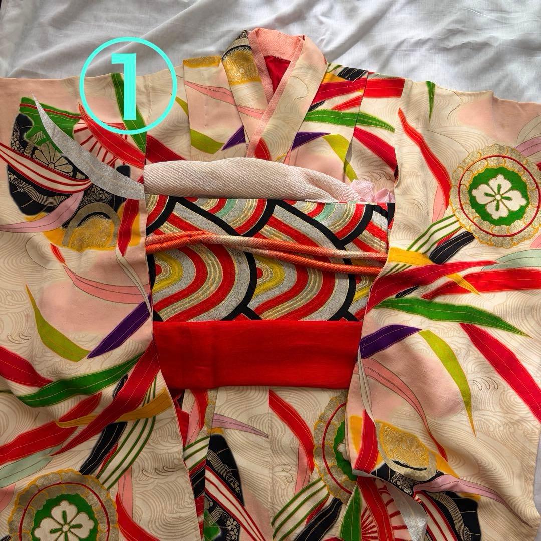 七五三　着物　正絹　アンティーク　レトロ　ピンク７歳　日本髪　結び帯　フルセット